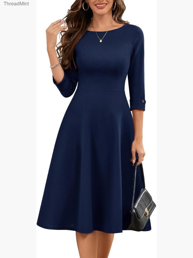 Fit And Flare Midi Dress With 3/4 Sleeves And Pockets For Work Church